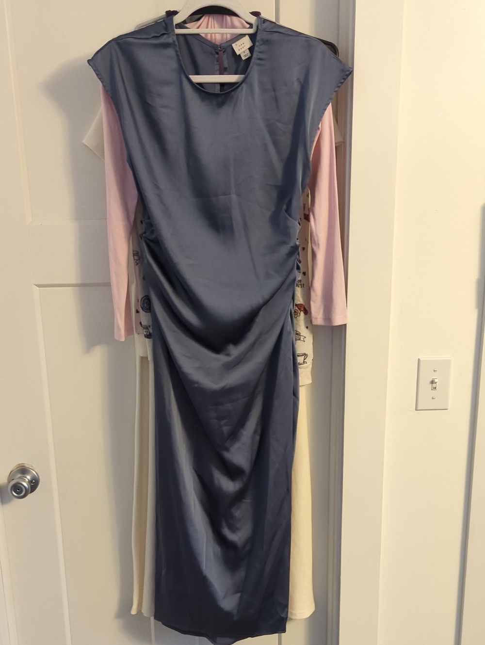 a new day Wet Steel Blue Satin Black Tie Dress Ruched Waist Hip Slit Size Small
